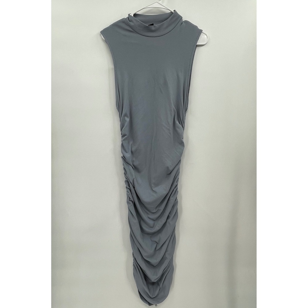 SHEIN XL Bodycon Dress Womens Blue Mock Neck Ruched Sleeveless Midi JIT8490838